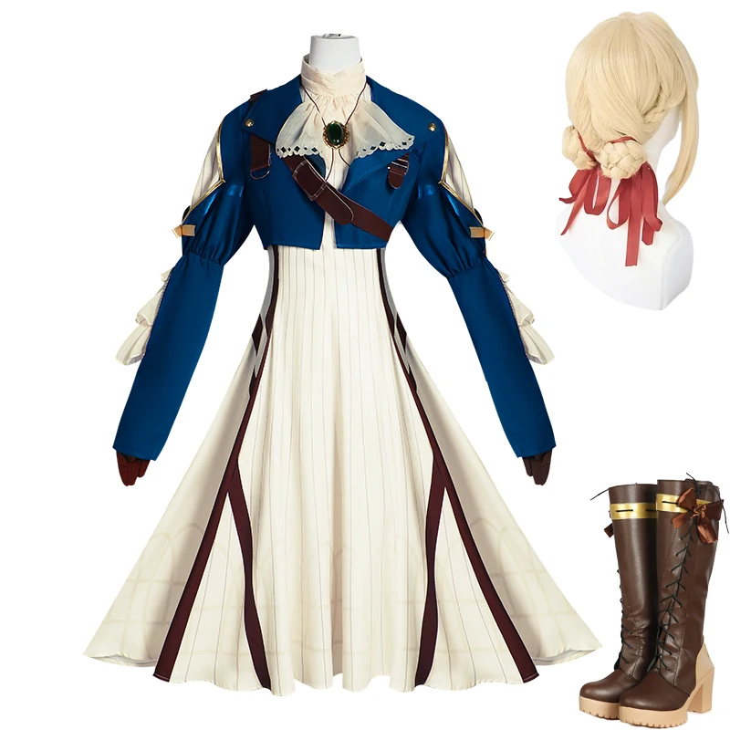 

Violet Evergarden Cosplay Costume Wig Shoes Boots Jewelry Necklace Women Girls Dress Halloween Carnival Party Role Play Outfits