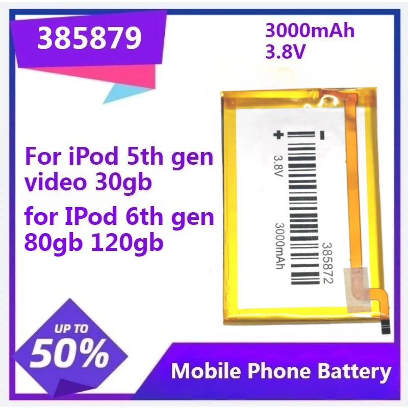 

385879 Battery for IPod 5th Gen Video 30gb for IPod 6th Gen Classic 80gb 120gb 3.7V 3000mAh Battery