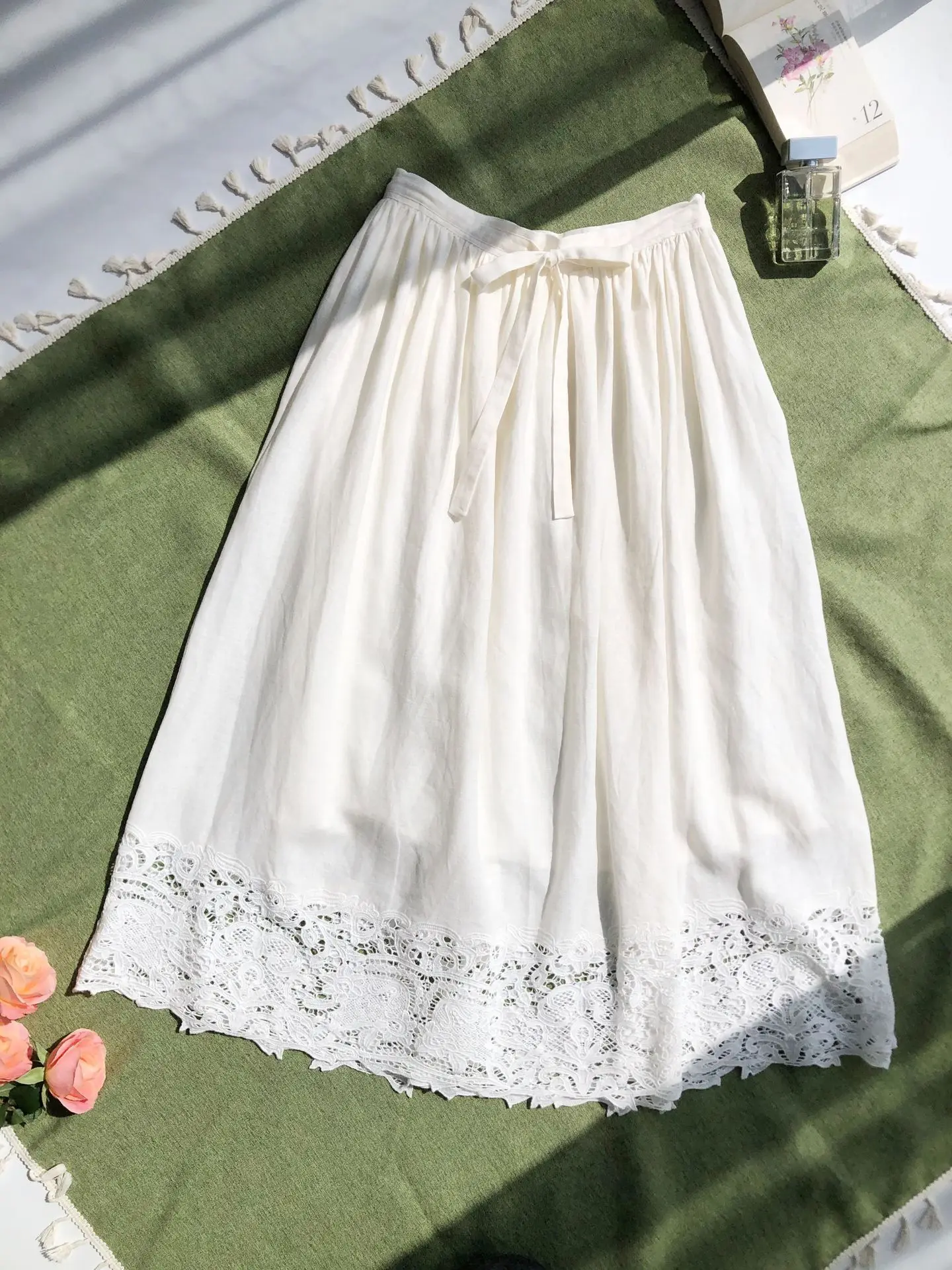 

Embroidery Patchwork Women Loose Skirt High Waist A-Line Casual Linen Cotton Midi Jupe