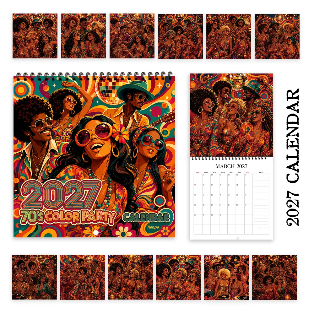 1pc 2027 Vintage Colorful Party Wall Calendar,12‑Month Planner,Gift For Back‑to‑School,Christmas,New Year,Free Stickers Included