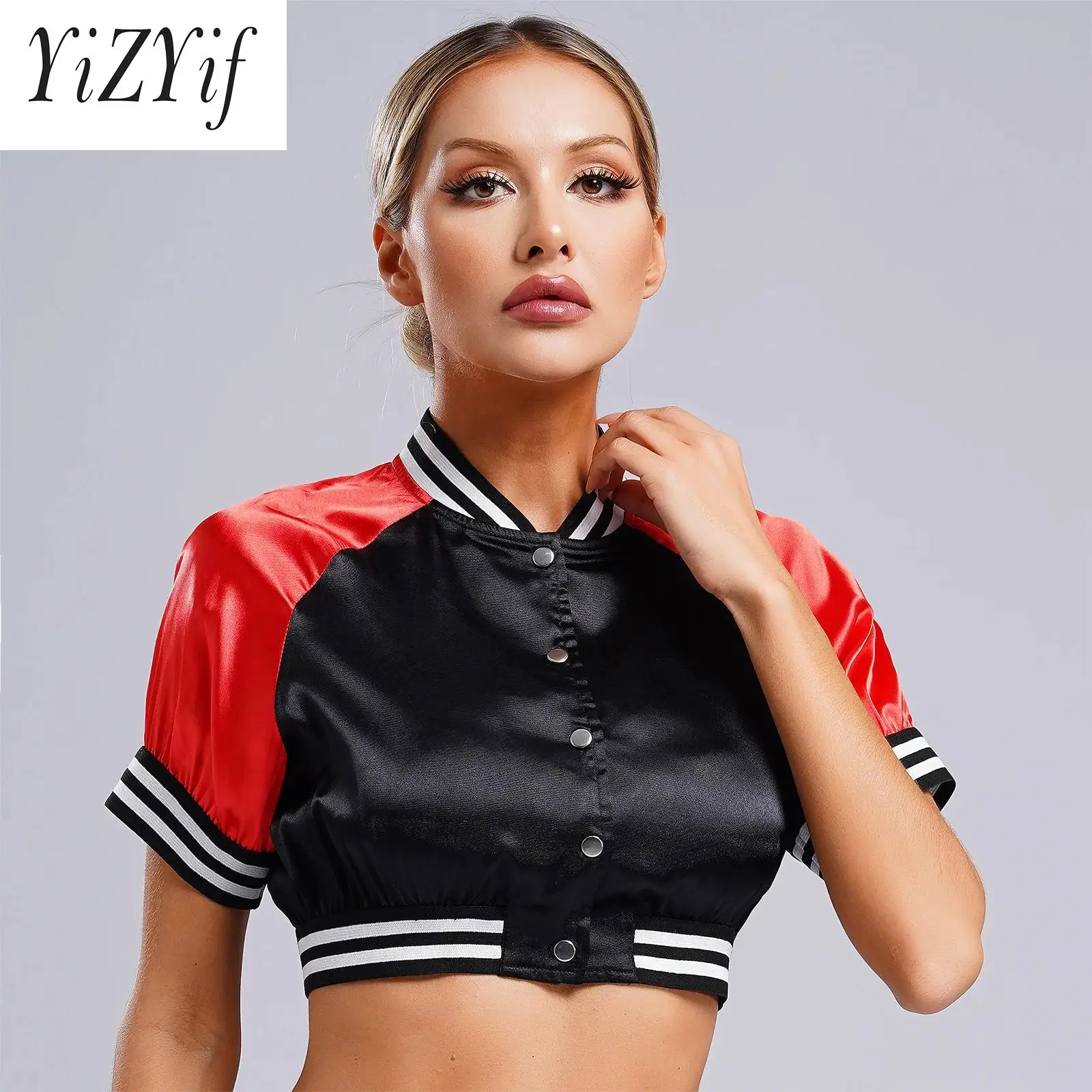 

Short Baseball Jacket Y2K Botton Decoration Women Casual O-neck Slim Vintage Cropped T-shirt Femal Top Streetwear Clothing