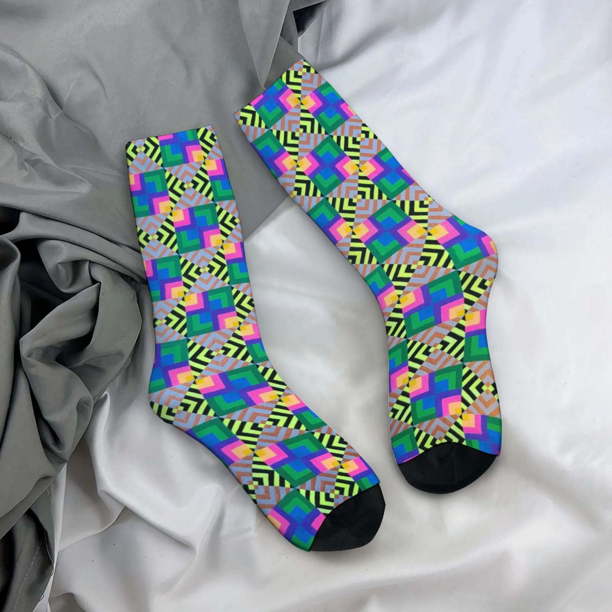 Patchwork Geometric Socks Durable Lightweight Smooth Men's Socks Cycling Hiking Camping Retro Fashion Street Compression Socks