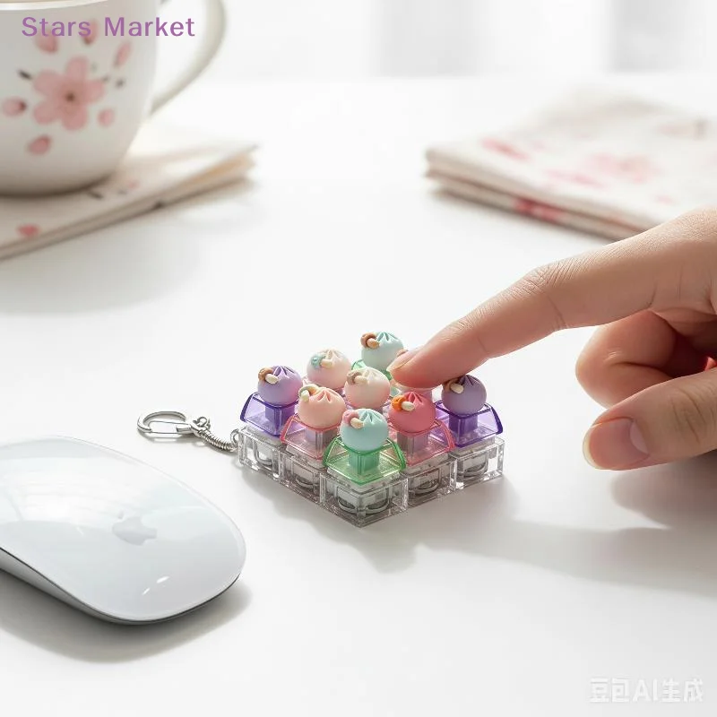NewCute Dumpling Keyboard Fidget Toy Keychain With Led Light, 9-Button Clicker Fidget Keychain With Crisp Sound Stress Relif Toy