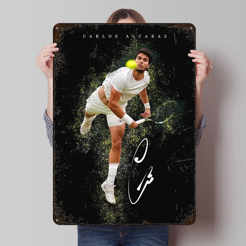Carlos Alcaraz Tennis Action Shot Metal Poster Customized Wall Art Retro Vintage Tinplate Signs for Desk Decor Room Wand Deko