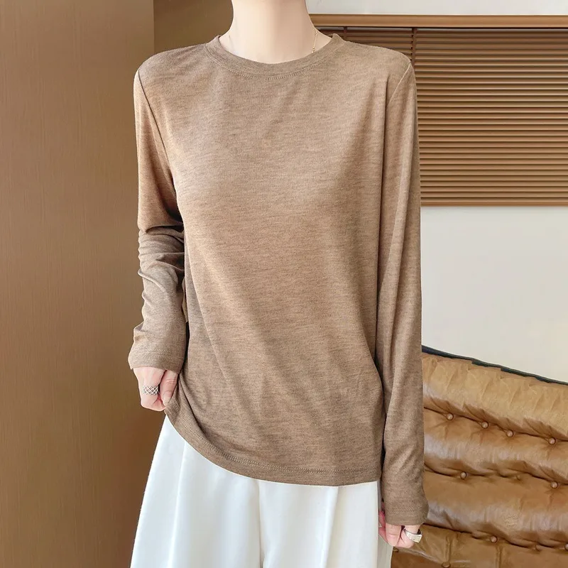 

Новинка осени 202, вязаный женский топ с круглым вырезом и длинными рукавами, универсальный темпераментный тонкий женский свободный крой