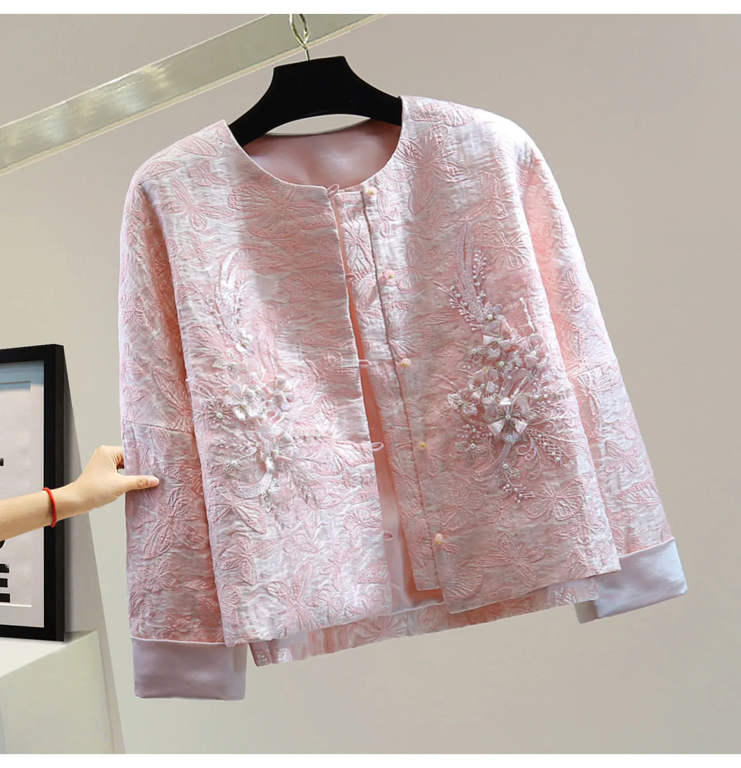 

Heavy Embroidery and Beading Round Neck Spring Coat, 2026 New Chinese Style Vintage Jacquard Patchwork Long Sleeve Jacket, Top