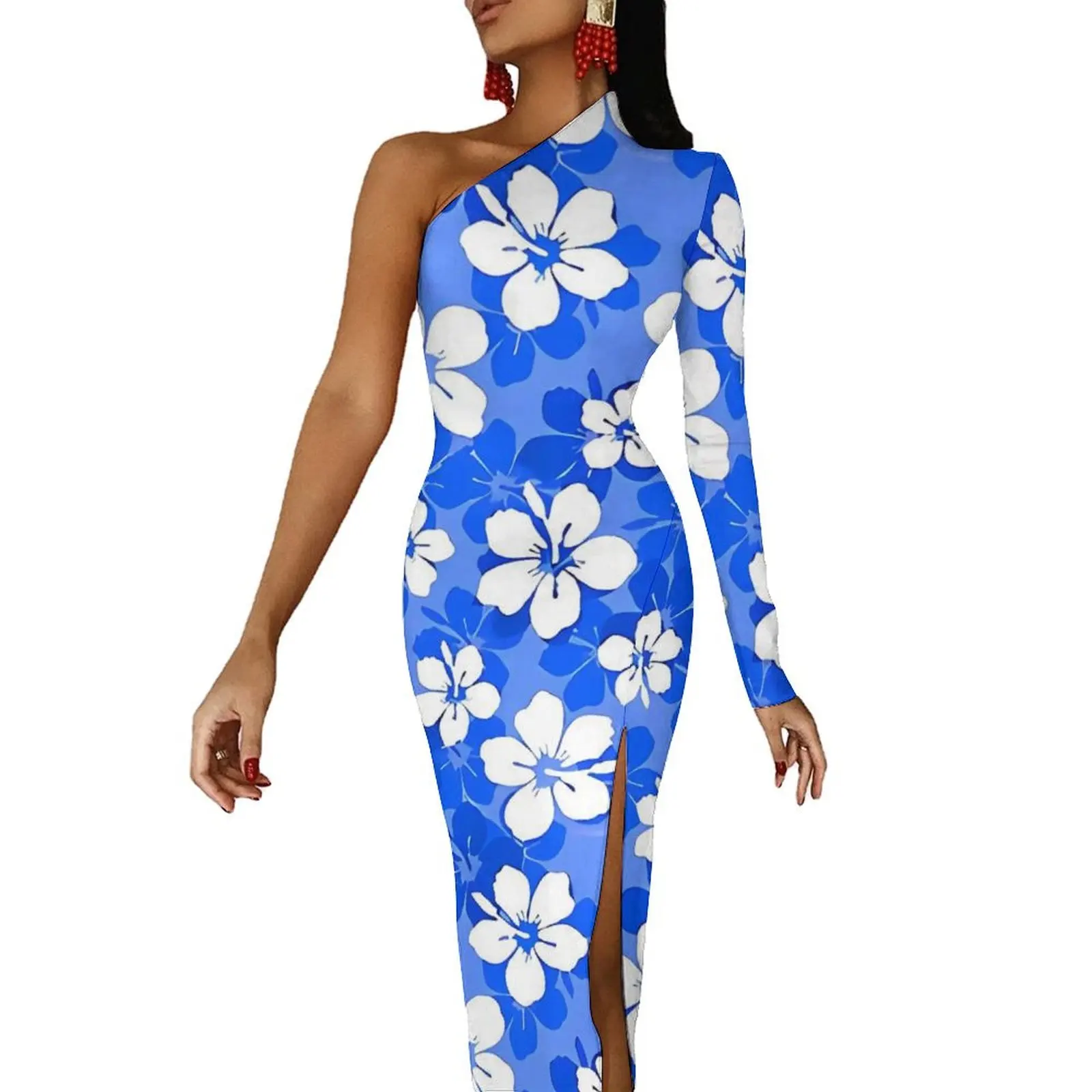 Tropische Blume, figurbetontes Kleid, weiblich, blau und weiß, Hibiskus-Nachtclub, Maxikleid, langärmelig, ästhetische individuelle Kleider, Geschenk