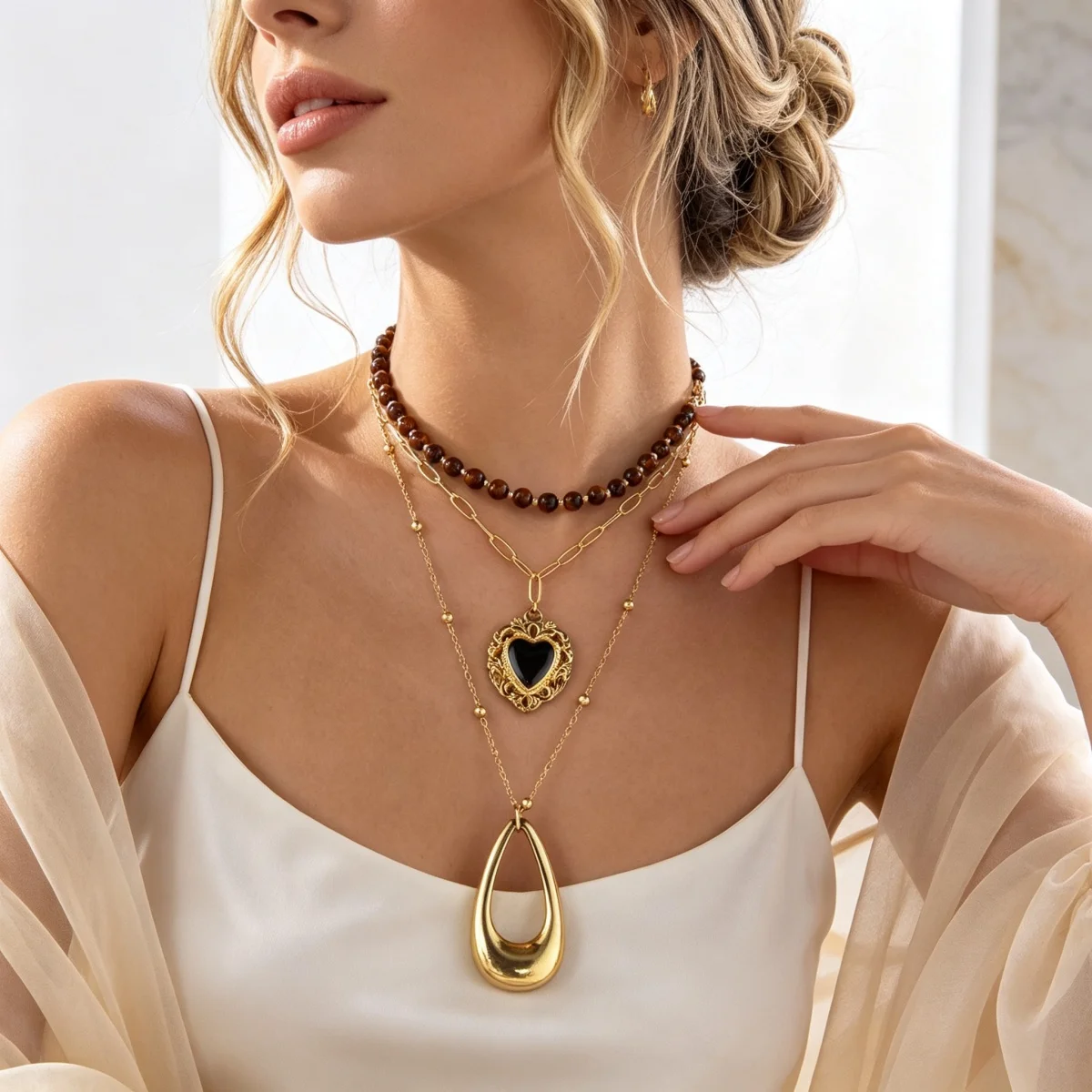 Retro Natürlicher Tigerauge-Stein Herz Hohler Wassertropfen Anhänger Halskette für Frauen Männer Mehrschichtige Tropfenform Stapelbare Choker-Schmuckstücke – Detail 10