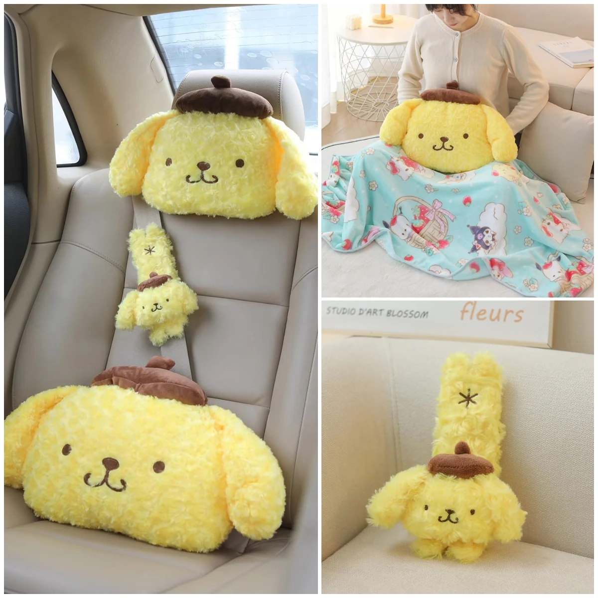 Sanrio Cute Pom Pom Purin Plush Toy Lovely Stuffed Anime Back Cushion Throw Pillow Headrest Seat Belt Cover For Car Decoration