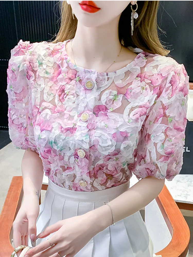 Fashion Short Sleeve Lace Shirt Women Skeleton Niche Design Bubble Sleeve Round Neck Summer Slim Women Tops