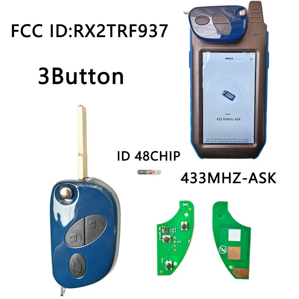 Three-button car key for Maserati GranTurismo, Quattroporte, and GranCabrio models, 48 chip, 433MHz FCC: RX2TRF937