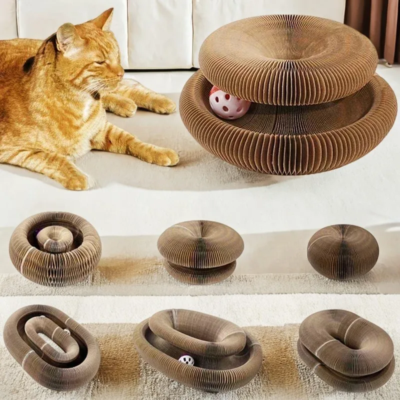 Magic Organ Foldable Cat Scratch Board Toy with Bell Cat Grinding Claw Cat Climbing Frame Round Corrugated Cats Interactive Toys