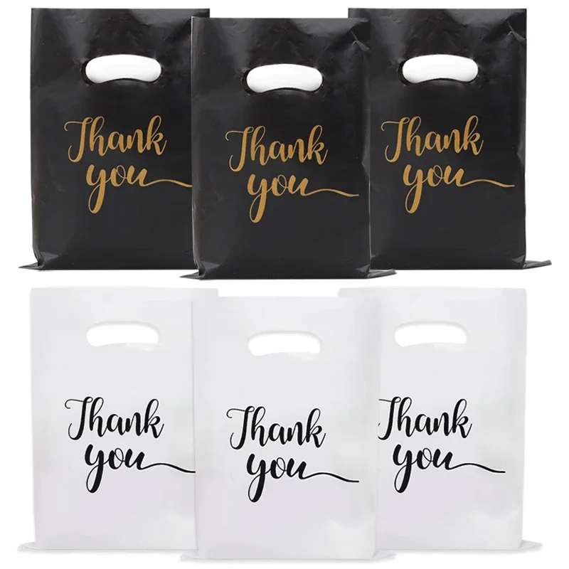 

100PCS Thank You Gift Package Black Handheld Shopping Bag Plastic Packaging for Party Wedding Holiday Gifts Various Sizes