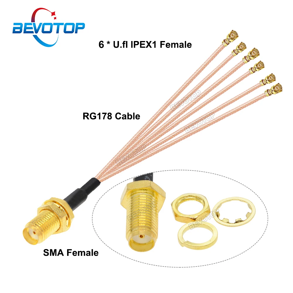 1PCS SMA to 6  Splitter RP-SMA / SMA Female to 6 x 1 Female1 RG178/ RF1.13 Cable WIFI Antenna Extension Jumper Pigtail