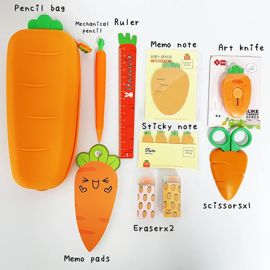 SKYSONIC 10pcs Carrot Series Stationery Set,Pencil Case,Knife,Ruler,Memo Notes Fot Kids Gift,Kawaii Cute School Home Suppliers