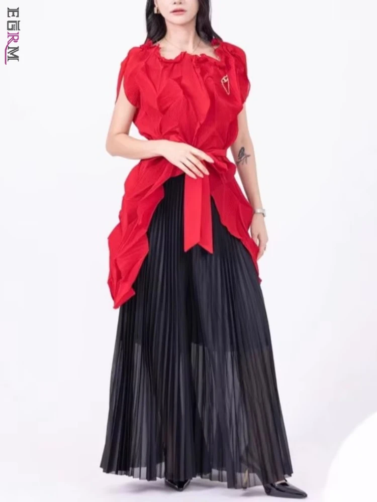 

EGRM New Miyake Fashion Versatile Set Irregular Short Sleeve Top and Loose Wide-leg Pants 2 Piece Set Pleated Women's Suit 3R159
