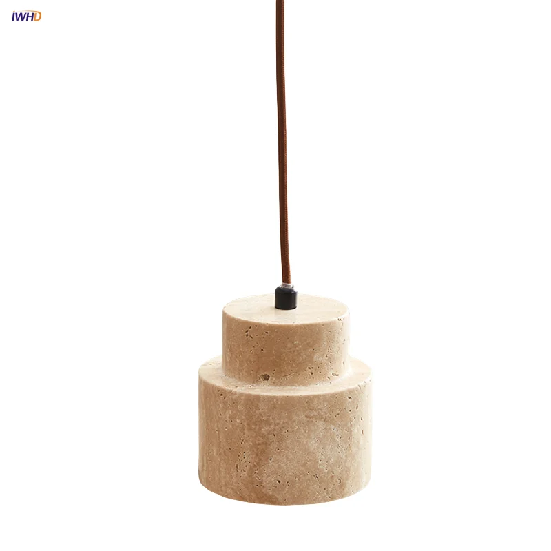 

IWHD Yellow Travertine LED Pendant Light Fixture Wabi Sabi Dining Room Decor Coffee Wire Adjustable Hang Lamp Luminaire Suspendu