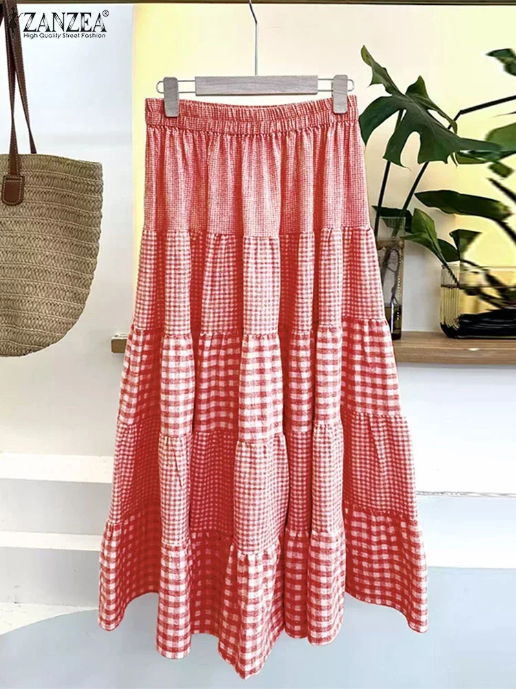 ZANZEA 2025 ヴィンテージ秋オーバースカート女性チェック柄プリントペチコートカジュアルルーズ弾性ウエストロングスカートファッション特大段 Faldas