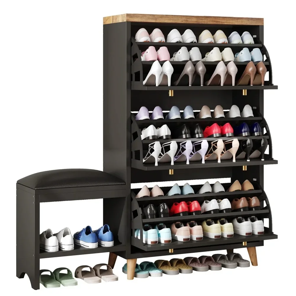 Shoe cabinet with 3 flip-out drawers,free-standing shoe rack for organising bench,shoe cabinet for bedroom with hallway entrance