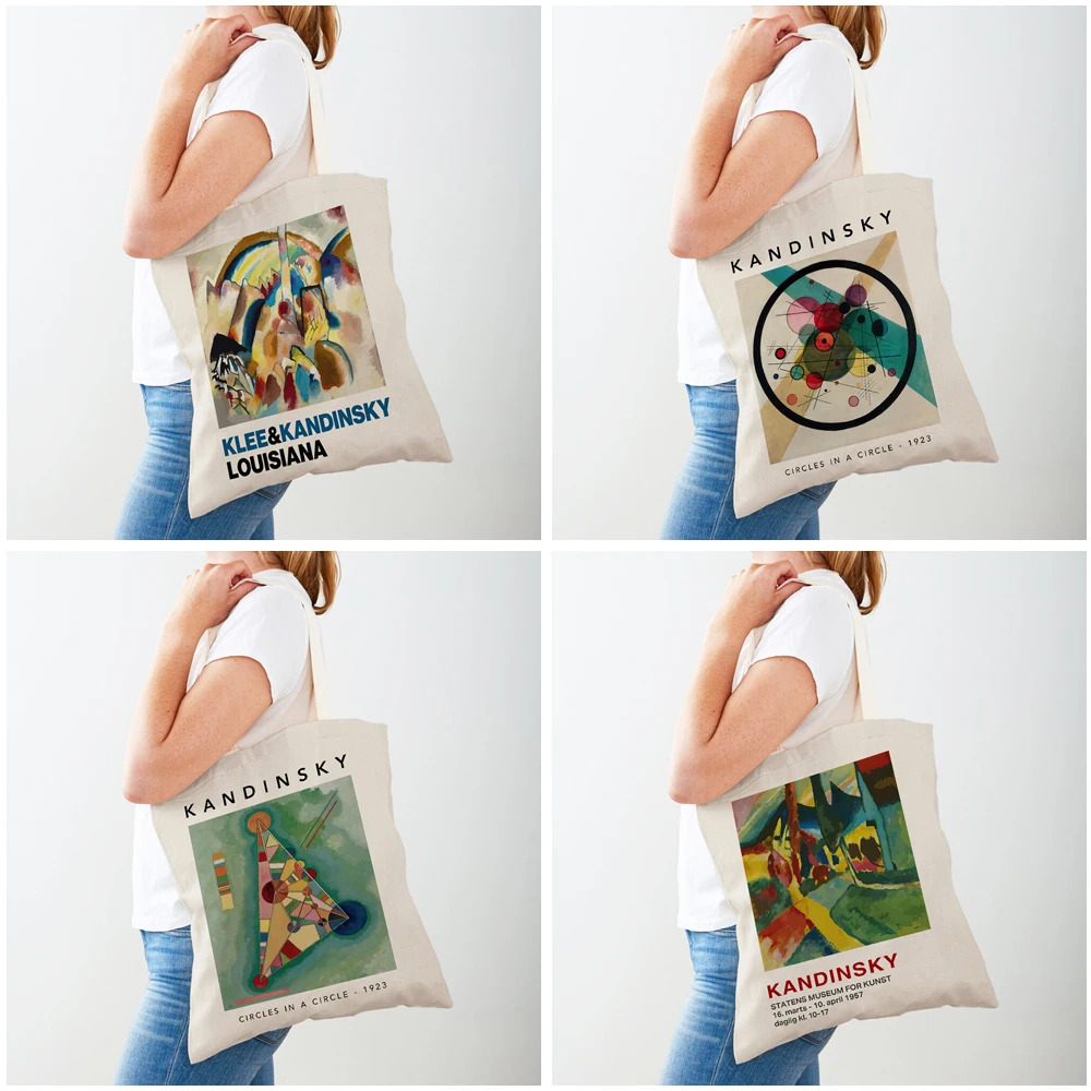 Double Print Fashion Shopper Bag Kandinsky Watercolor Abstract Modular Cat Lady Tote Handbag Canvas Women Shopping Bags