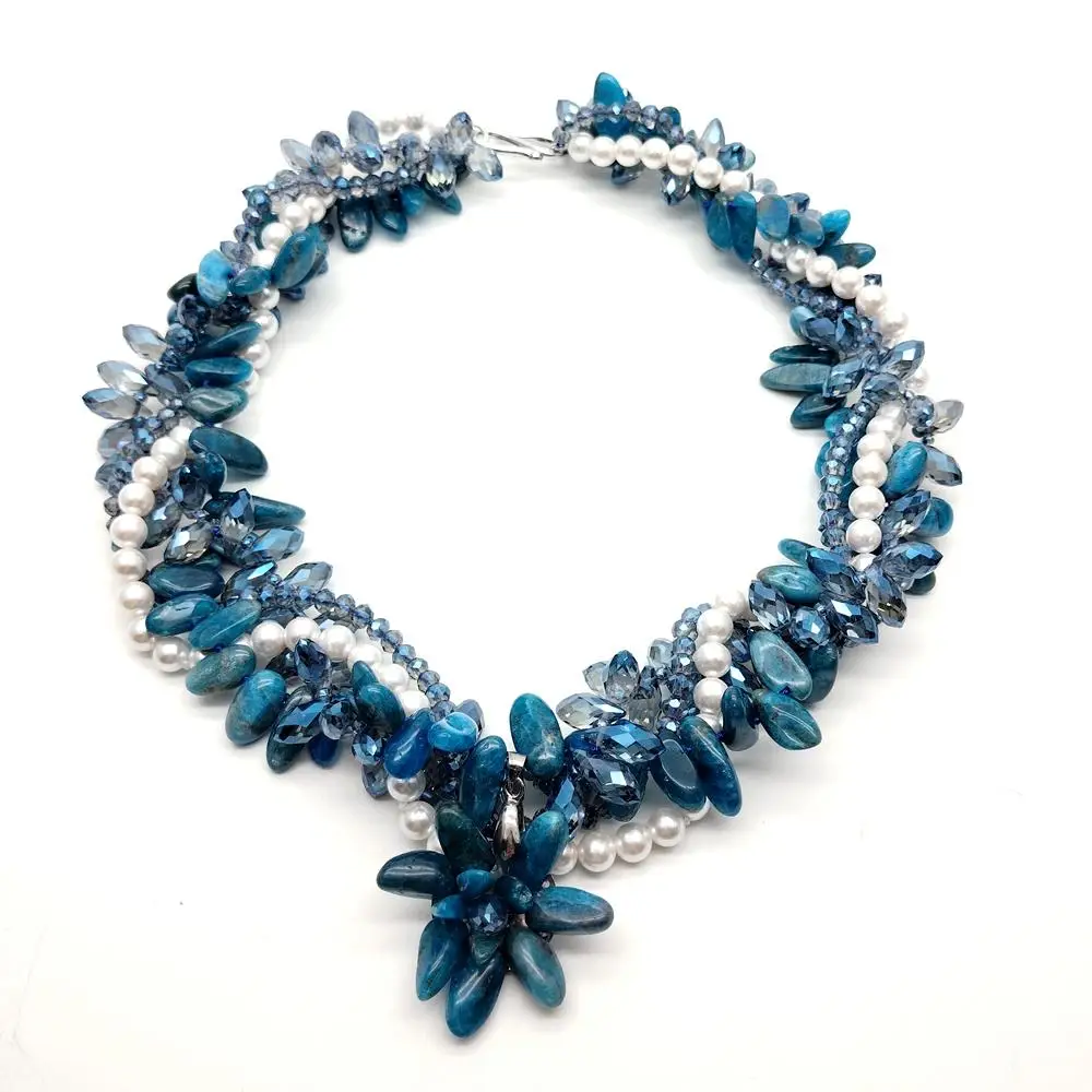 

Y·YING 4 Rows Natural Blue Apatite Crystal White Sea Shell Pearl Torsade Necklace Apatite Flower Pendant