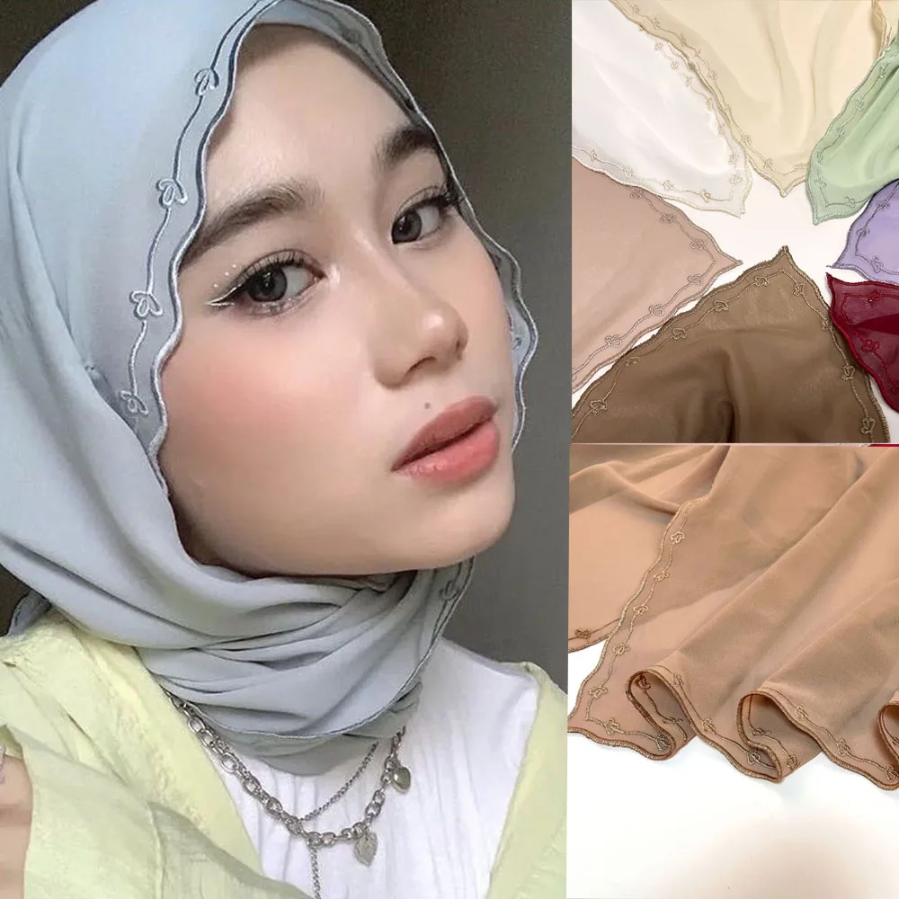 มุสลิมผู้หญิง Sulam Hijab ผ้าคลุมไหล่ปัก Scallop Headscarf Premium Heavy ชีฟองผ้าคลุมไหล่เย็บปักถักร้อย Edge ผ้าคลุมไหล่ผ้าคลุมไหล่ผ้าพันคอ