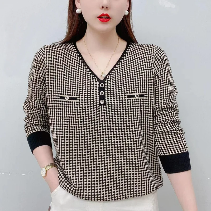 

Fashion Women Vintage Versatile Knitted T-shirt Korean Spring Autumn New Tees Plaid V-Neck Loose Long Sleeve Casual Tops 2023