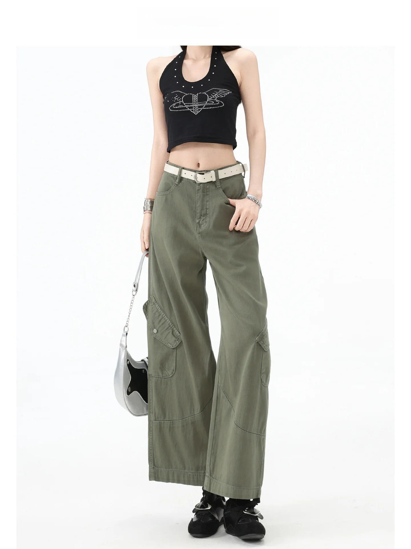 Jeans de trabajo Forever 21 High Street American Military Green para mujer, de verano, holgados, de cintura alta, pierna recta, largos hasta la rodilla, de pierna ancha.