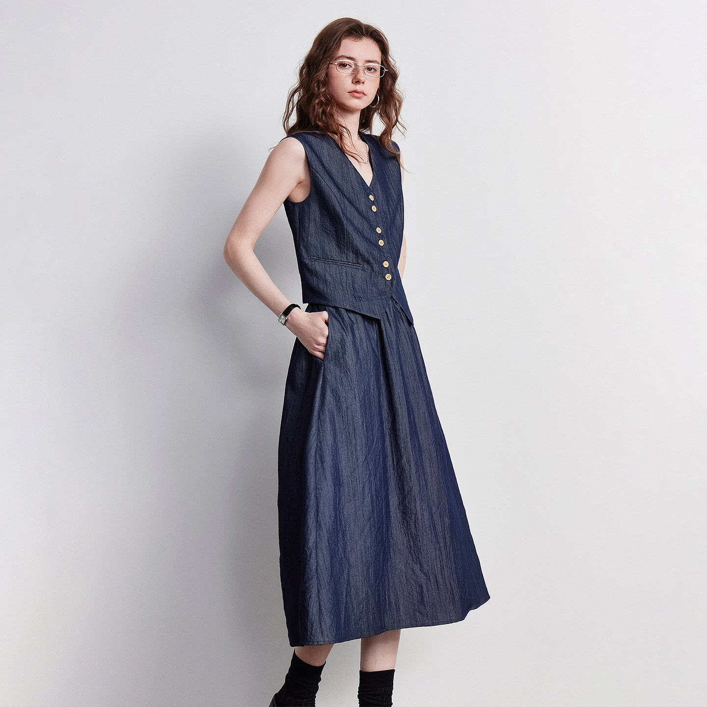 TOYOUTH Women Slub Texture Denim-Look Vest and Skirt 2026 Summer New Old Money Style Denim Blue Two-Piece Set