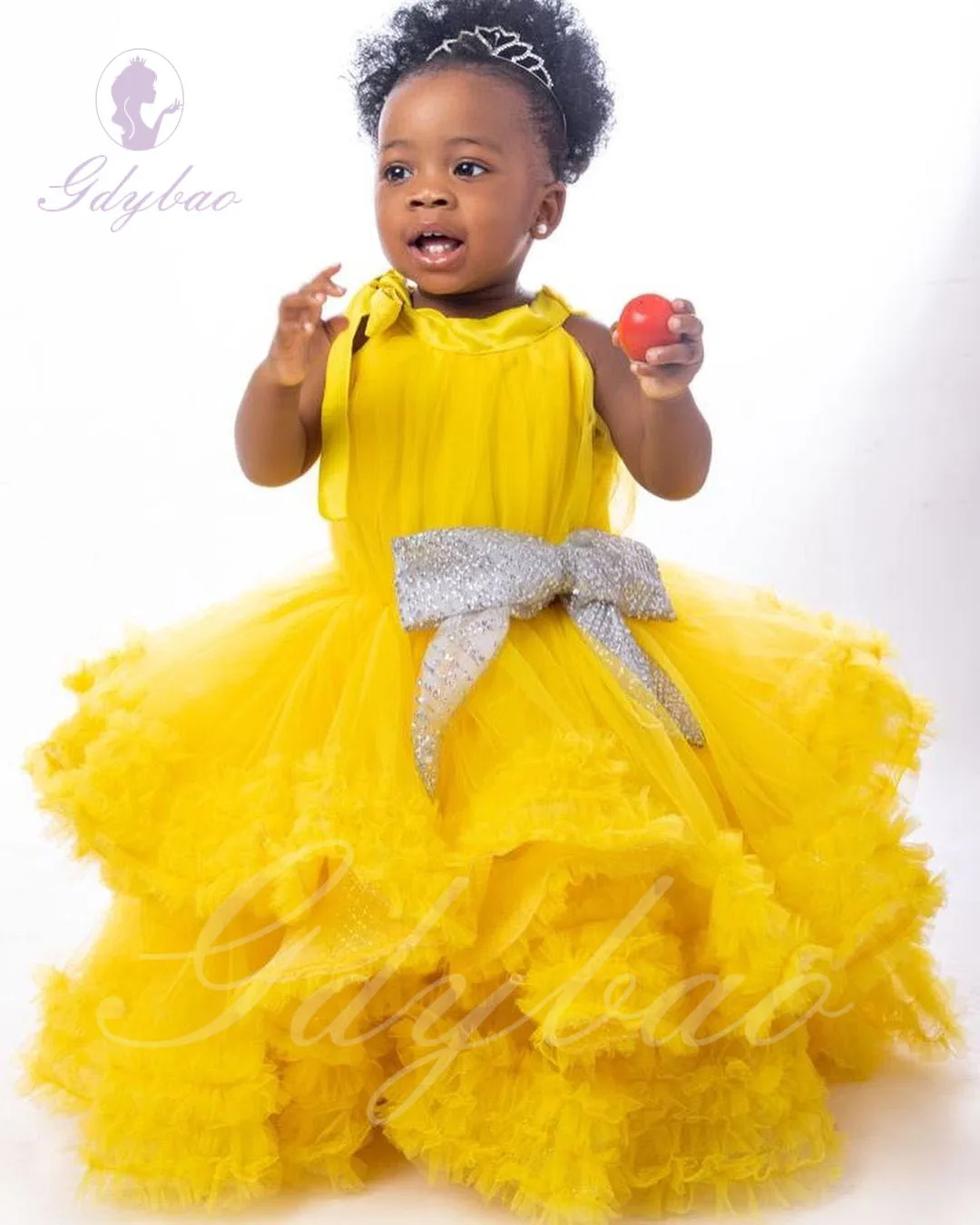 Yellow Puffy Flower Girl Dress For Wedding Sleeveless Floor Length With Bow Kids Birthday First Communion Princess Baby Gowns