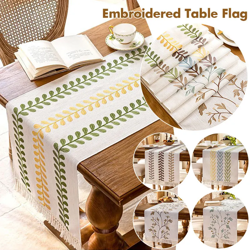 

Vintage Embroidered Table Runner Chinese Cotton Linen Blend Long Rectangular Decorative Towel for Tv Cabinet Dining Table