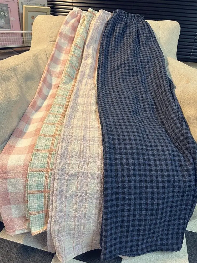 

Cotton-sensing Pajamas Pants Thin Casual Trousers Straight and Loose At Home Plaid Printing Room Wear Sleep Woman Pajama Women