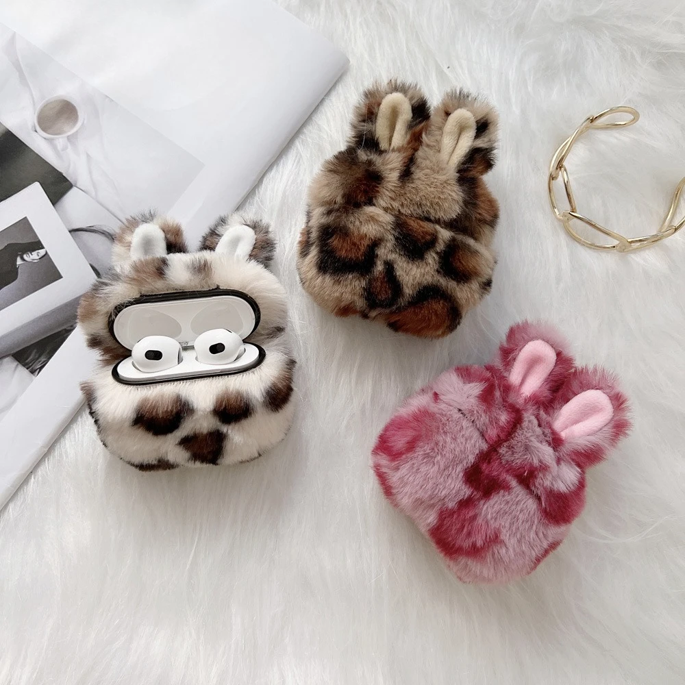 Cute Plush Leopard Print Bunny Rabbit  Earphone Case for AirPods 4 3 Pro 2 1, All-inclusive Shockproof Protective Cover