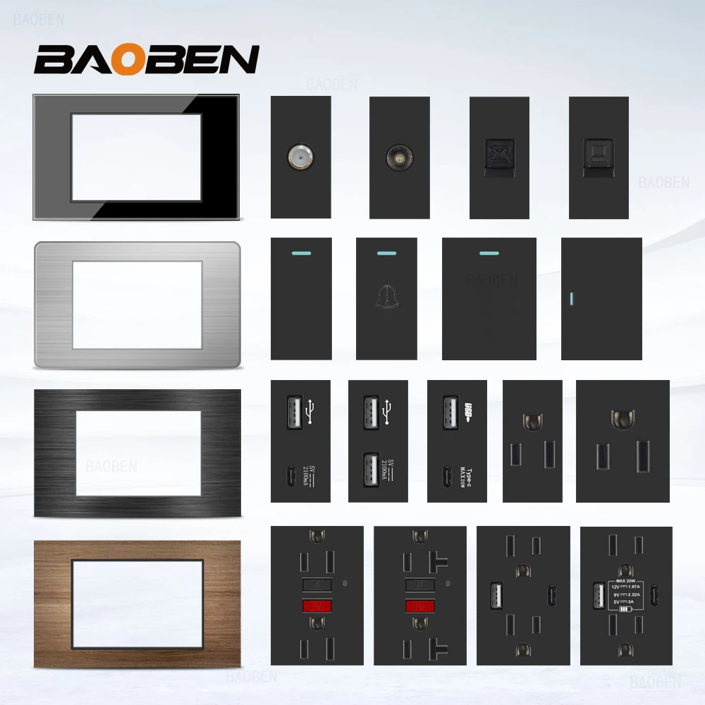 BAOBEN US EU Standard Free Combination Computer USB Type C Wall Socket DIY Black