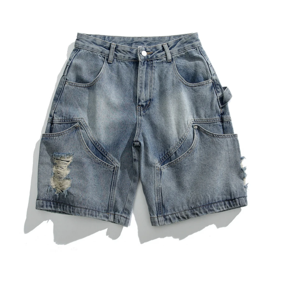

Ripped Hole Denim Shorts Men Streetwear Punk Hip Hop Jeans Short Oversized Harajuku Vintage Multi Pockets Baggy Knee Length Pant