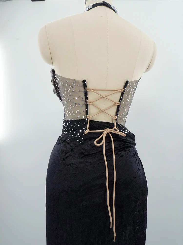 패션 섹시한 반짝 이는 검은 스팽글 저녁 크리스탈 드레스 여성 우아한 저녁 클럽 파티 여성 가수 공연 의상