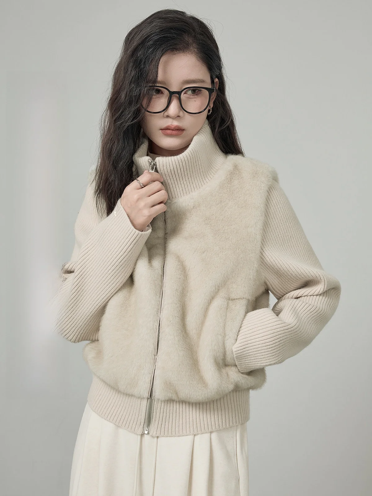 

Женская зимняя куртка HuiXi из вязаного трикотажа с имитацией меха, имитация двухслойности, в корейском стиле, шикарный топ для повседневной носки, на молнии, длинный рукав