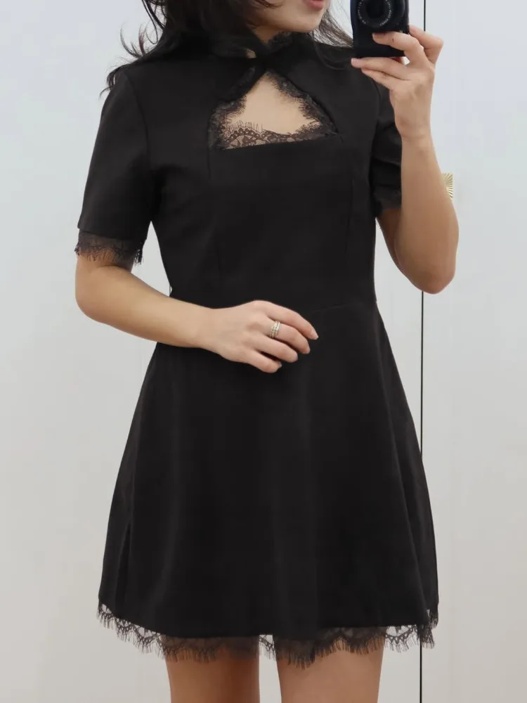 Tossy Black Lace Hollow Out Mini Dress Female Patchwork Short Sleeve Sexy High Waist Party Dress Women's Casual Printed Dress