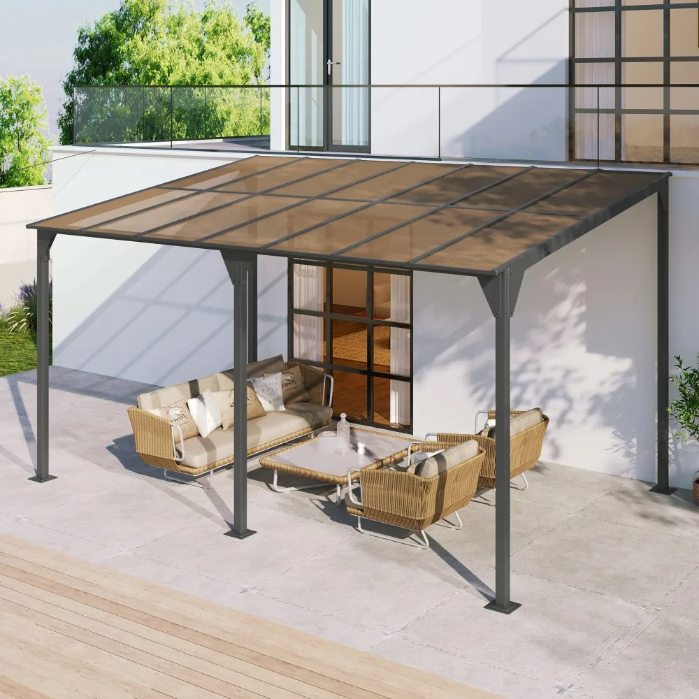 ！@Wall-Mounted Modern Outdoor Gazebo Sloped PC Roof Powder-Coated Iron Frame UV60+ Weather-Resistant Eco-Friendly Pergola Awning