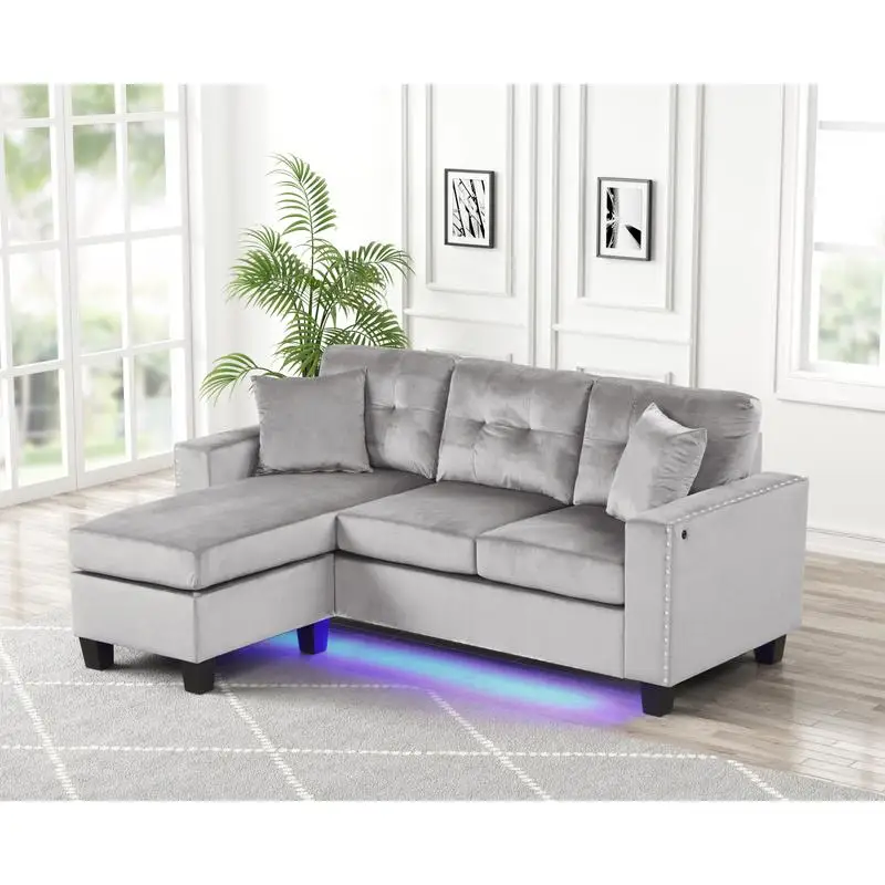 أريكة مقطعية مخملية باللون الرمادي مقاس 74 بوصة مع ضوء LED ومنفذ USB وحواف رأس الأظافر ووسائد معنقدة - حديثة