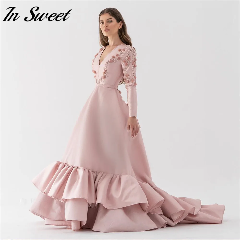 Customized V-Neck Long Sleeves A-line Prom Gown Handmade Flowers Exquisite Evening Dresses Floor Length Party Dress فساتين للحفل