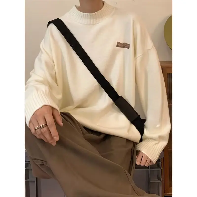 

Crewneck Sweater Jacket for Men's Autumn and Winter New Couple Thick Casual Loose Languid White Simple Knit