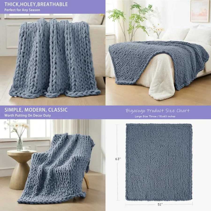

Chunky Knit Throw Blanket for Couch, 51x63 Inch, 100 Hand Knitted with Thick Jumbo Chenille Yarn, Cozy Soft Large Rope Knot Cab