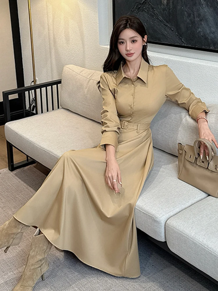 여성 패션 우아한 롱 셔츠 드레스 캐주얼 폴로 칼라 벨트 스윙 맥시 로브 여성 스트리트웨어 작업복 오피스 레이디 신상