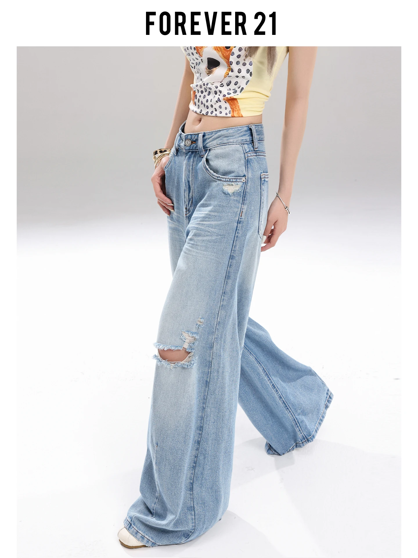 Jeans Azules Holgados de Cintura Alta para Mujer, Pantalones Anchos con Rasgaduras, Estilo Urbano, Casual de Verano, Forever 21, Nueva Llegada