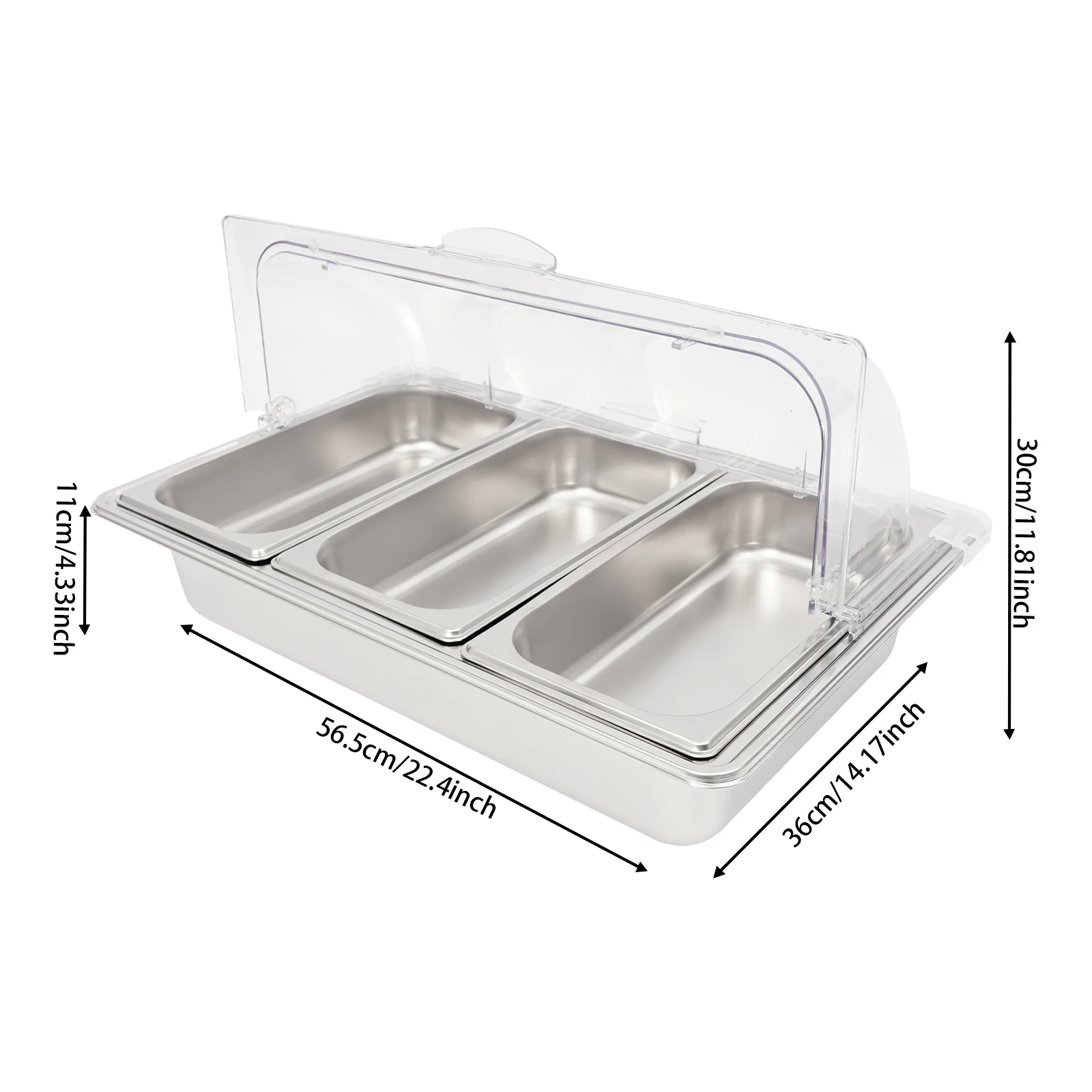 

3-Compartment Stainless Steel Food Serving Container, Buffet Food Display Container W/ Clear Roll Top Cover for Buffets, Parties