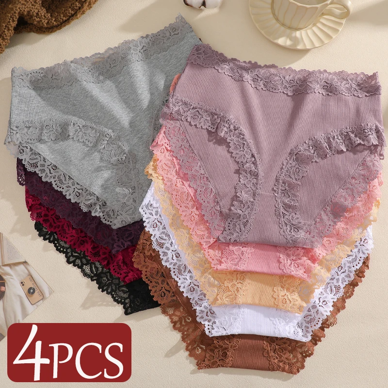 4-teiliges Damen-Unterwäsche-Set aus nahtloser Baumwolle, Übergröße, hohe Taille, atmungsaktive Slips, weiche, bequeme Höschen, sexy Spitzen-Blumen-Dessous