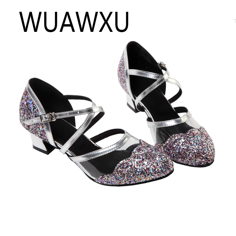 WUAWXU zapatos de baile latino para mujer, zapatos de baile estándar nacional, zapatos de baile cuadrados para fiesta, tela flash en blanco y negro,