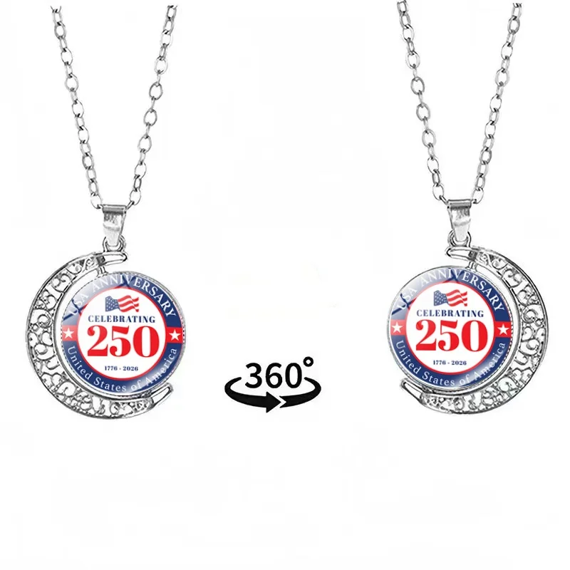 2026 USA 250th Anniversary Necklace Double sided Rotating Moon Pendant Necklaces Patriotic American Flag Statue of Liberty