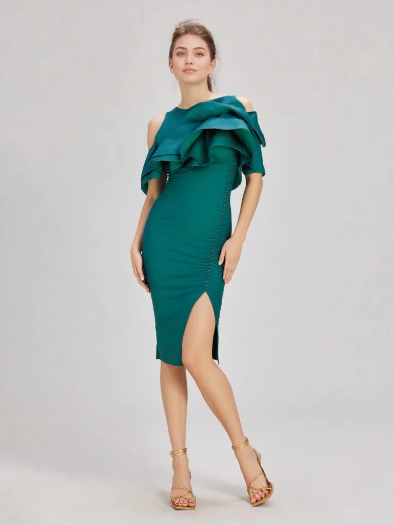 Emeral Green Satin Mother of the Bride Dress for Wedding Knee length Formal Party Dress Short Ruffle sleeveless CocktailGown